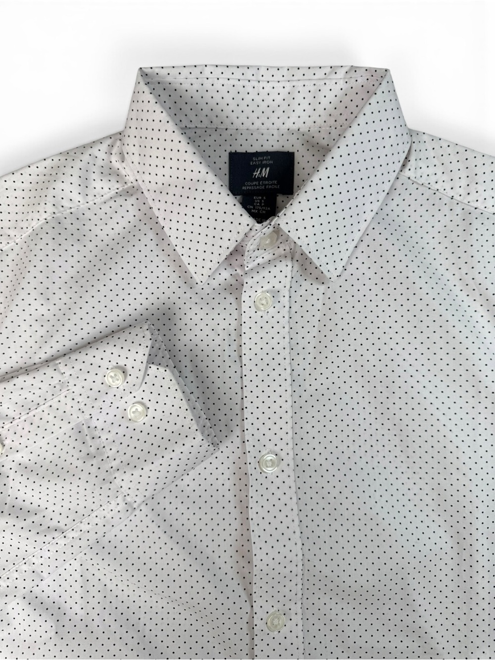 H&M Men’s S Slim Fit Easy Iron White Black Polka Dot Button Down Shirt